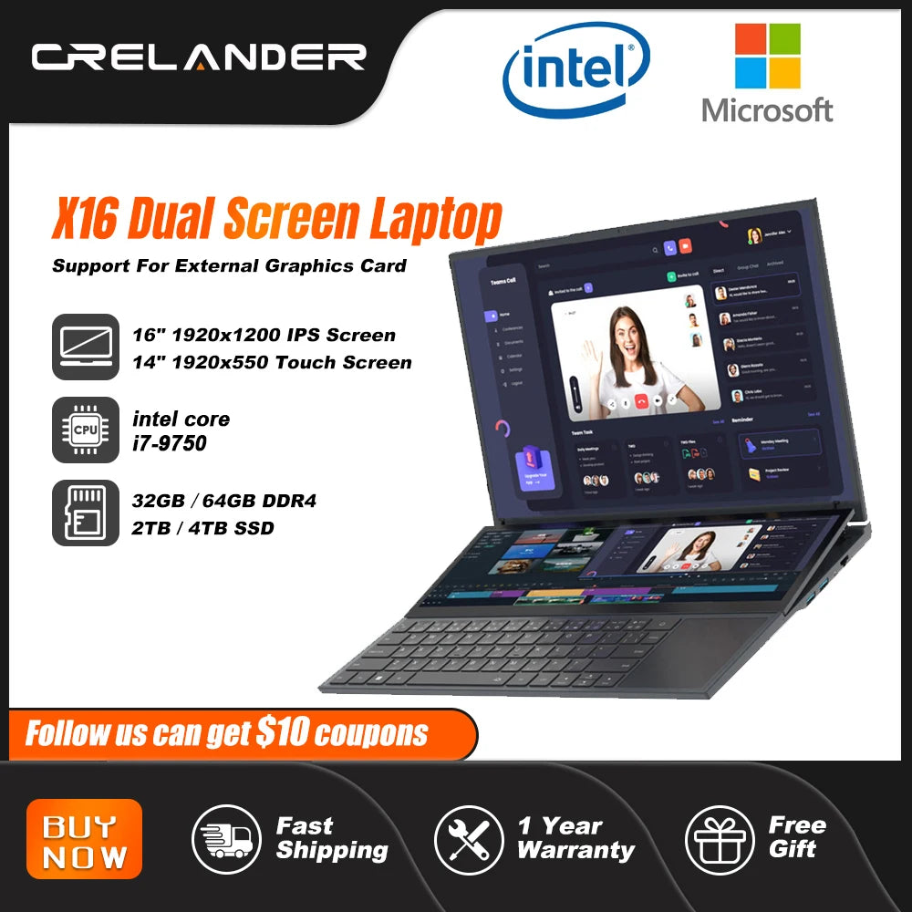 CRELANDER Double Screen Laptop intel core  i7-9750 Generation Windows 11 Touch Screen Gamer Laptop PC Portable Notebook Compu