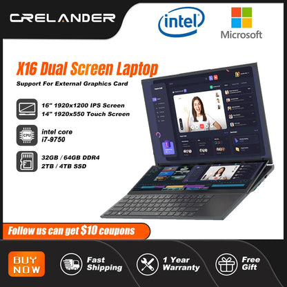 CRELANDER Double Screen Laptop intel core  i7-9750 Generation Windows 11 Touch Screen Gamer Laptop PC Portable Notebook Compu