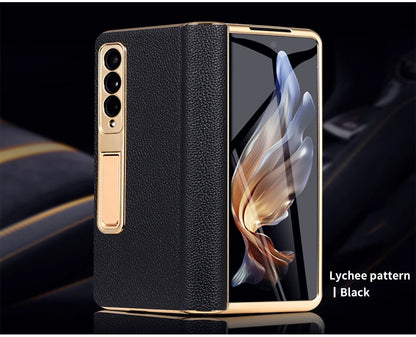 LANGSIDI Leather Case for Samsung Galaxy Z Fold 6 5 4 3 Fold6 Fold5 Gold Plating Magnetic Hinge Stand Cover with Mirror Film