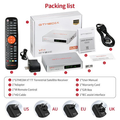 GTMEDIA V7 TT Ground Signal Receiver，1080P Full HD DVB-T/T2/DVB-C Signal TV Box With USB WIFI Decoder Support H.265 HEVC 10bit F