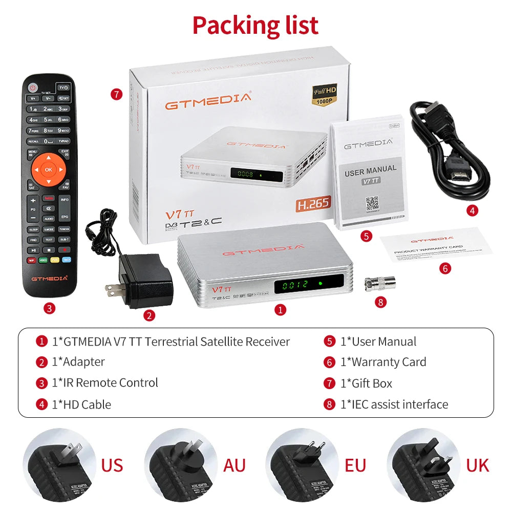GTMEDIA V7 TT Ground Signal Receiver，1080P Full HD DVB-T/T2/DVB-C Signal TV Box With USB WIFI Decoder Support H.265 HEVC 10bit F