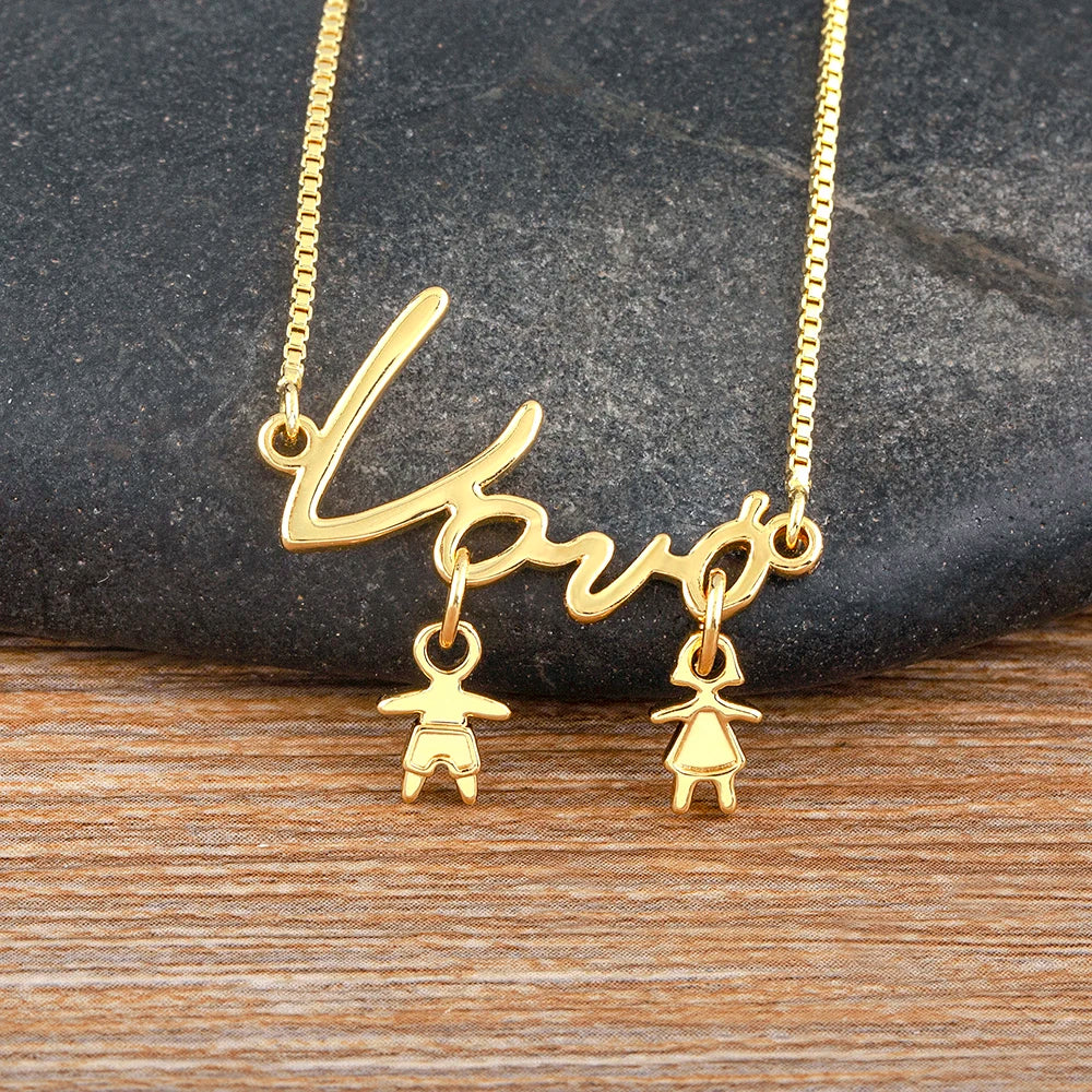 Nidin Exquisite Gold Plated Mom Daughter Necklace Girl Boy Pendant Chain Choker Cubic Zirconia Jewelry Mother's Day Gift