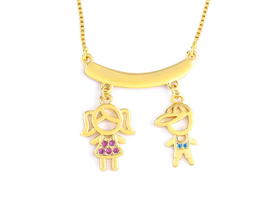Nidin Exquisite Gold Plated Mom Daughter Necklace Girl Boy Pendant Chain Choker Cubic Zirconia Jewelry Mother's Day Gift