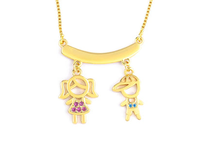 Nidin Exquisite Gold Plated Mom Daughter Necklace Girl Boy Pendant Chain Choker Cubic Zirconia Jewelry Mother's Day Gift