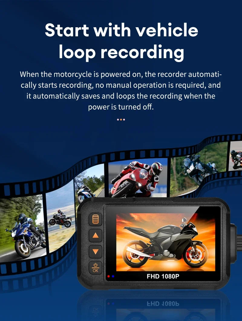 3 Inch Motorcycle Dashcam Waterproof Motorcycle Camera DVR Front 720P & Rear 480P Camera Video Loop Recorder Black Night Vision