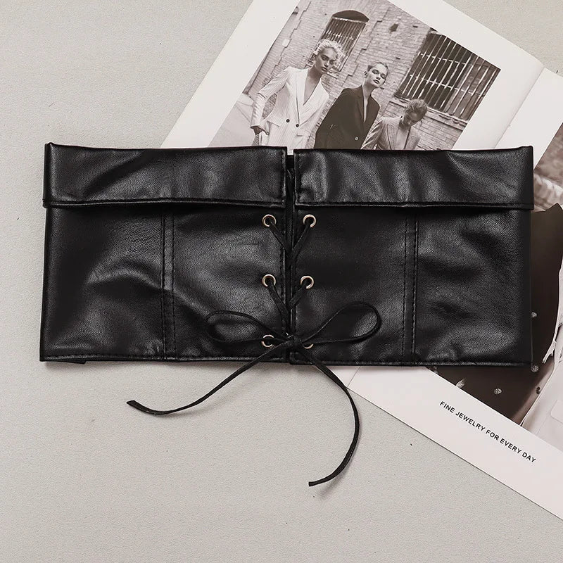 [EAM] Pu Leather Black Bandage Wide Elastic Belt Personality Women New Fashion Tide All-match Spring Autumn 2026 1DH8687
