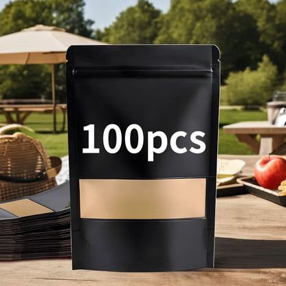 100pcs custom logo Wholesale Black Kraft Paper Stand up Pouch with Window Reusable Food Packaging Zip Lock Bag