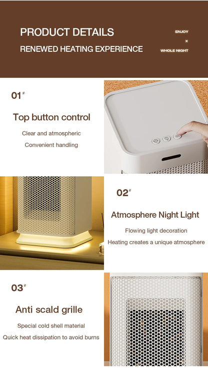 Portable PTC ceramic electric heater with multi-stage adjustment, silent, small household fan and night light heater.