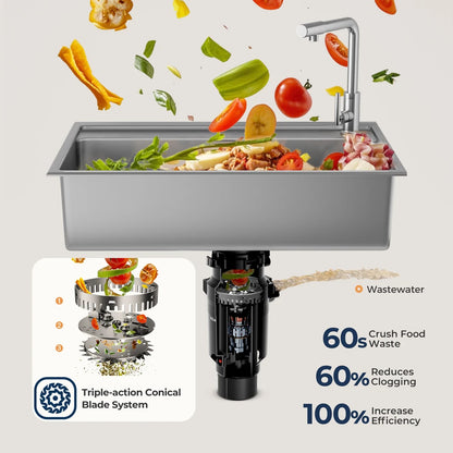 Continuous Feed Garbage Disposal with Sound Reduction,1/2 HP Food Waste Disposer with Stainless Steel Grinding System
