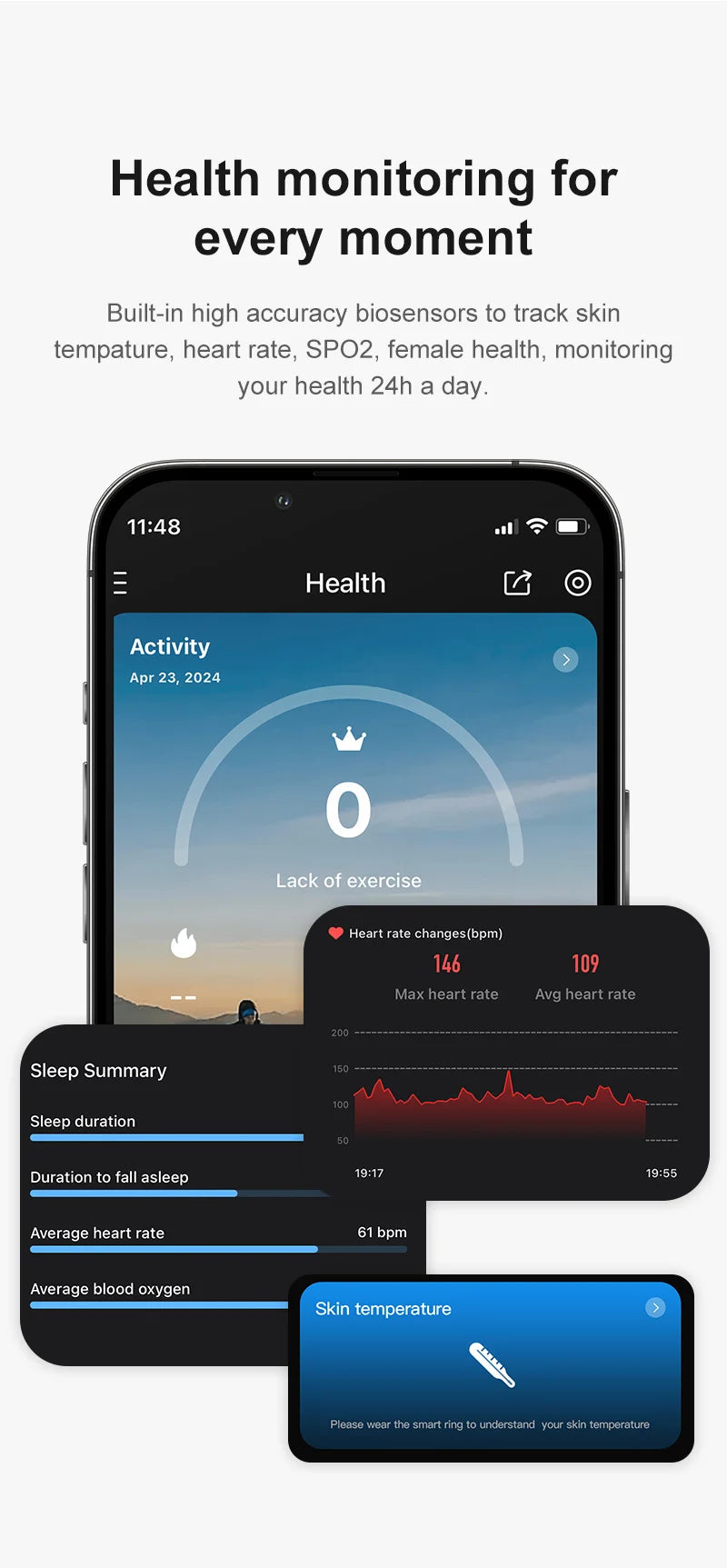 R09 Smart Ring Men Women with Charging Case,Heart Rate Blood Oxygen,Skin Temperature Monitor,5ATM Waterproof For Android iOS