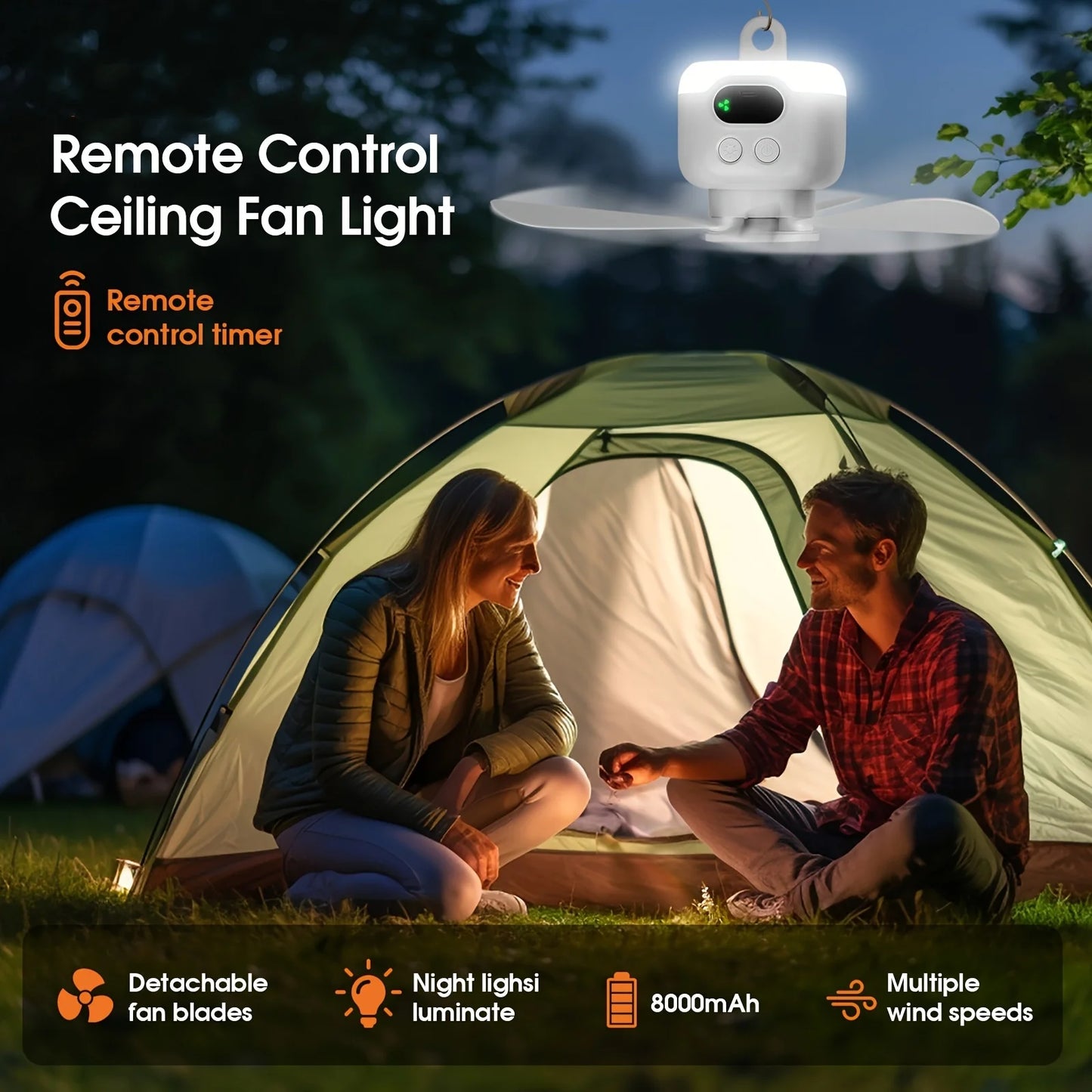 Portable Ceiling Fans 8000mAh Outdoor Camping Fan Tent Ventilator Cooler Rechargeable Electric Fan Remote Control LED Lighting