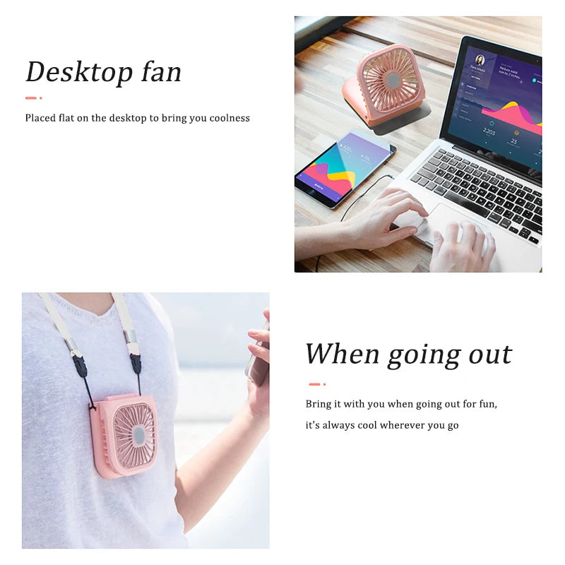 Handheld small fan, outdoor mini folding fan, USB charging portable neck hanging fan, desktop stand small fan