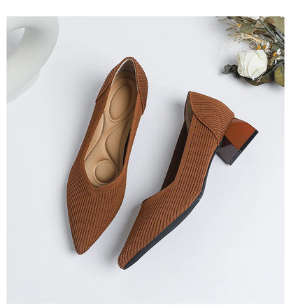 2025 New Women's High Heels Large 42/43 Fashion Pointed Anti slip Rubber Bottom Knitted Breathable Shoes