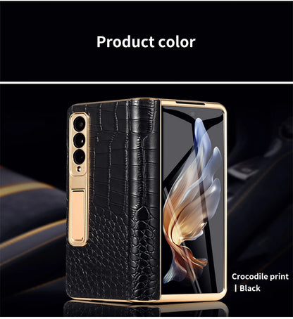 LANGSIDI Leather Case for Samsung Galaxy Z Fold 6 5 4 3 Fold6 Fold5 Gold Plating Magnetic Hinge Stand Cover with Mirror Film