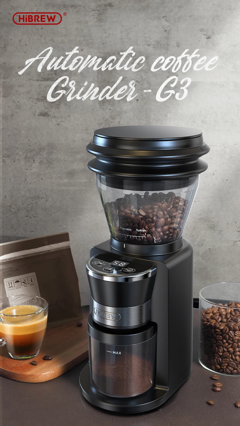 HiBREW Coffee Mill Automatic Electric Coffee Grinder with 31 Gears for Espresso American Coffee Pour Over Visual Bean Storage G3