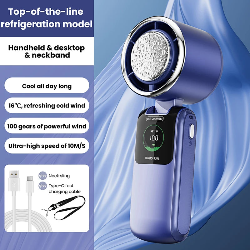 2025 New Ice Pack High-Speed Handheld Eletric Fan 100 Speed Adjustable Folding Mini Fan Portable Outdoor Hanging Neck Small Fan