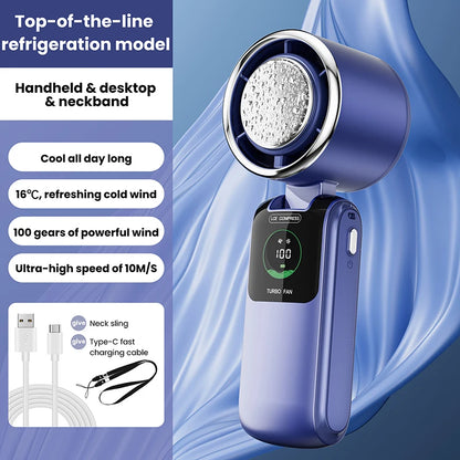 2025 New Ice Pack High-Speed Handheld Eletric Fan 100 Speed Adjustable Folding Mini Fan Portable Outdoor Hanging Neck Small Fan
