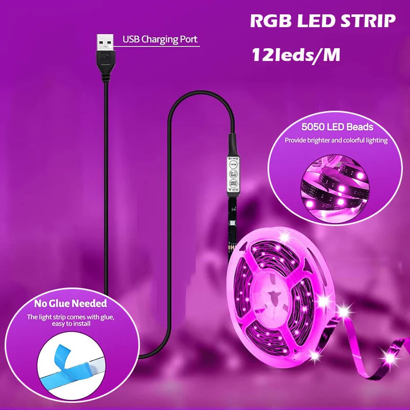 12LEDs/M Led Strip Lights RGB Led Strip Flexible Ribbon with 3Key Control Luces Led Tape Lights for Room Decor TV Backlights