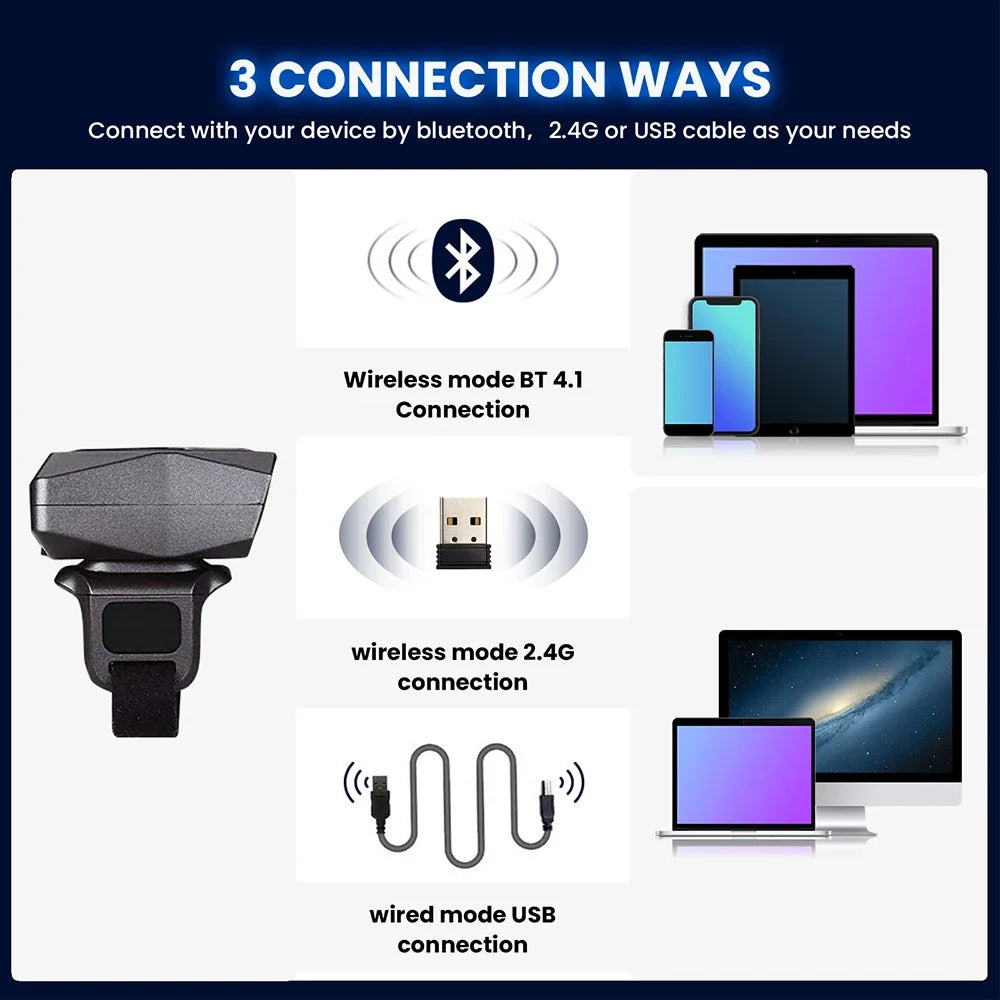 Eyoyo EY-016 Finger Ring Barcode Scanner Mini Wearable 3-in-1 USB Wired & 2.4G Wireless QR Reader for Store Warehouse Scanning