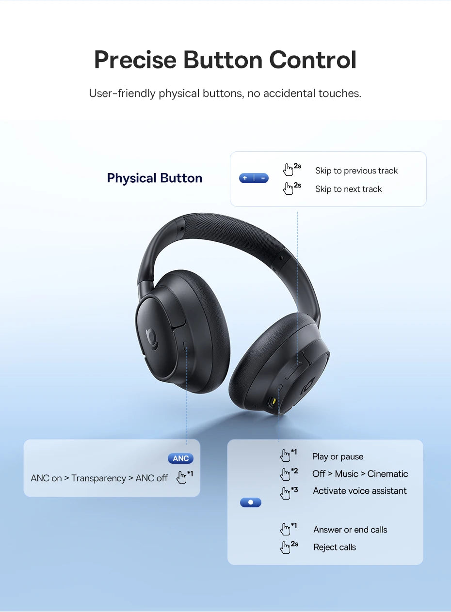 Baseus Bass EH10 NC Wireless Headphones Bluetooth 6.0 Noise Canceling 45dB Over Ear HeadsetSpatial Audio Earphone 80H Time