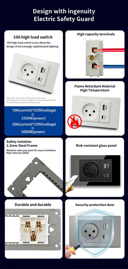 DELEFU White Retardant PC Israel USB Type C Fast Charging Wall Socket Light Tuya Wifi Smart Switch Sat TV Tel Doorbell Curtain
