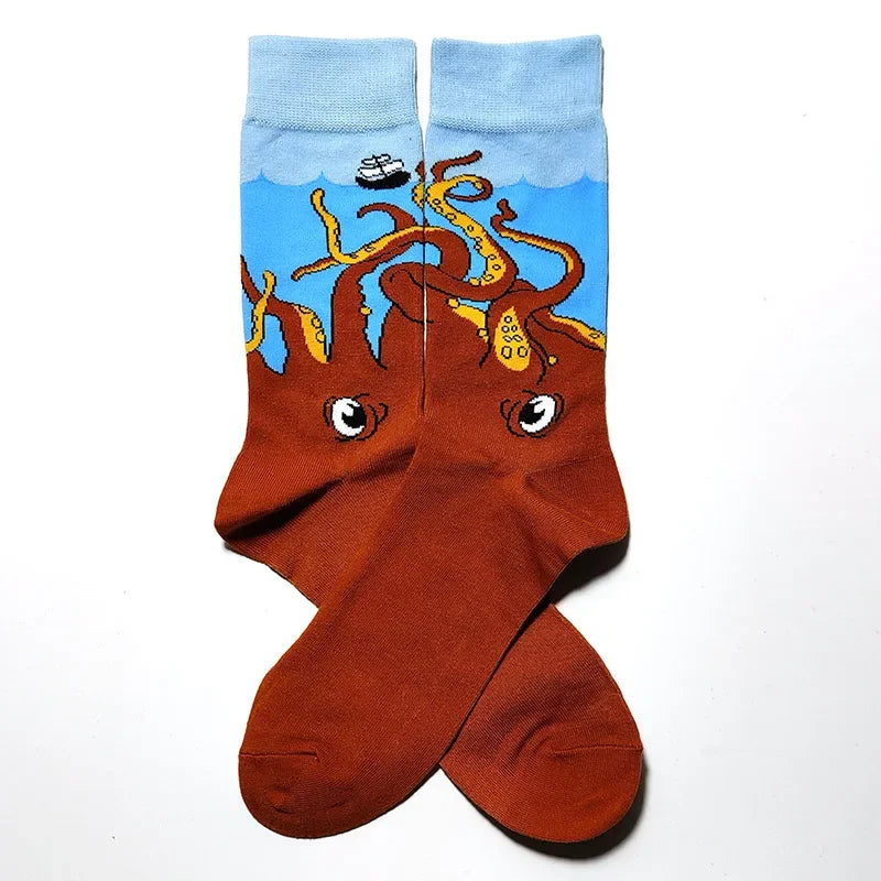 58 Style Cartoon Men Socks Fish bird parrot shark Theme Cotton Novelty Funny Hip Hop Trend Street Long Socks