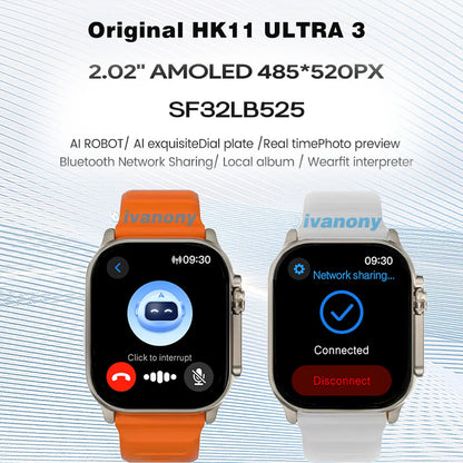 Smart Watch HK11 Ultra3 Schedule Reminder Support TWS Earphone Connect Network Sharing AI Robot Offline Voice Wake up Smartwatch