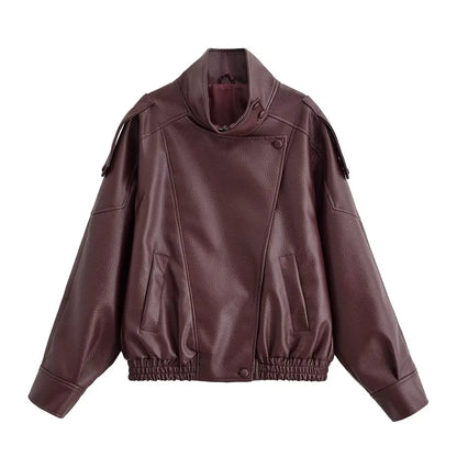HH Autumn Faux Leather Jacket For Women Casual Solid Long Sleeve Zipper Pu Leather Coats New Fashion Female Streetwear