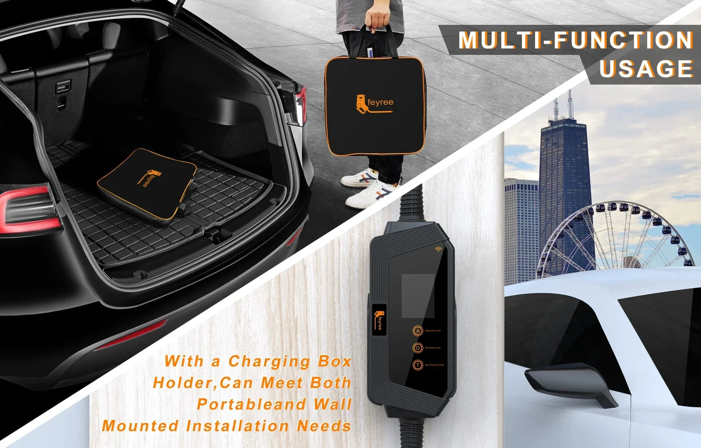 feyree Type1 Portable EV Charger 7KW 32A 1Phase J1772 Socket with 5m Cable Smart APP WIFI Control Version for Electric Vehicle