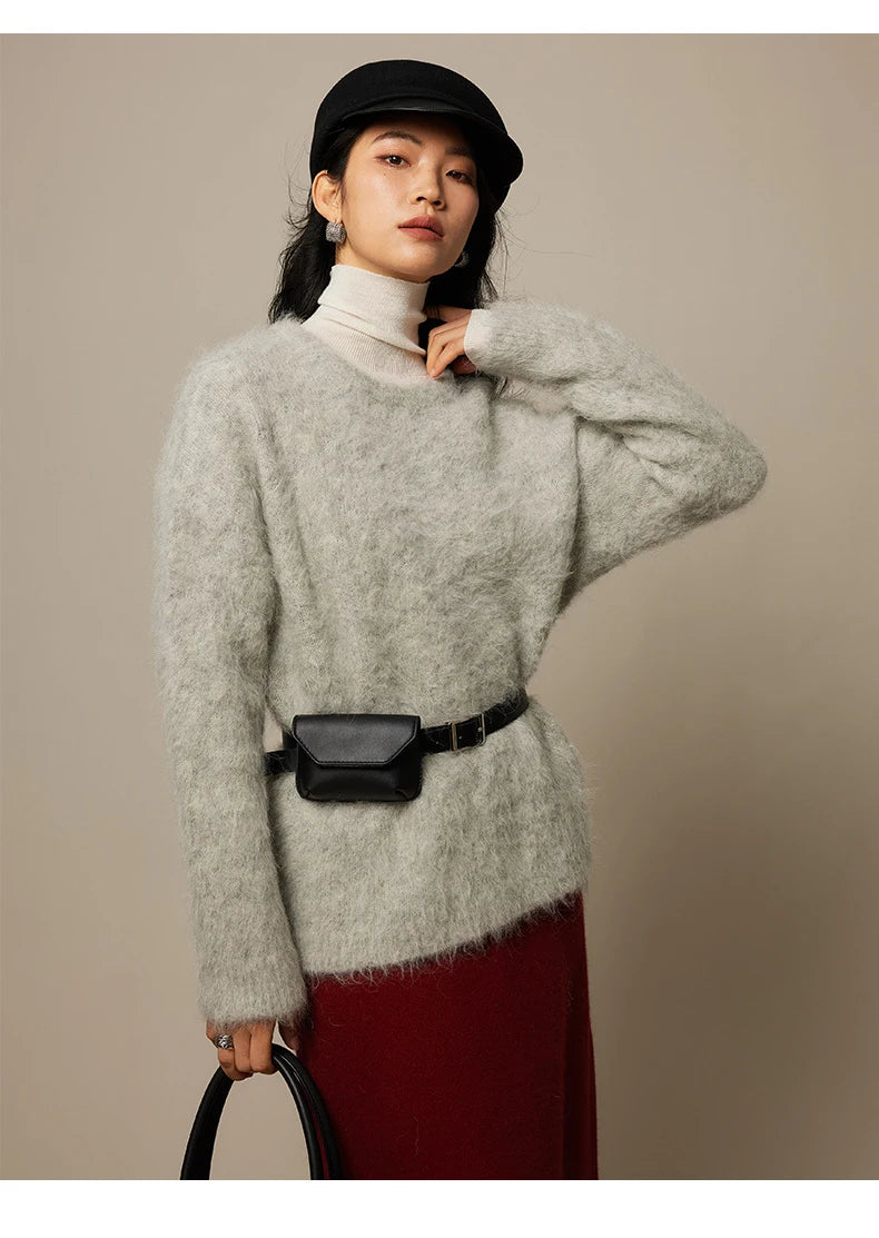 SuyaDream Warm Alpaca Pullovers for Woman, Dropped Sleeved Loose Sweaters, 2025 Fall Winter Top, Camel, Beige