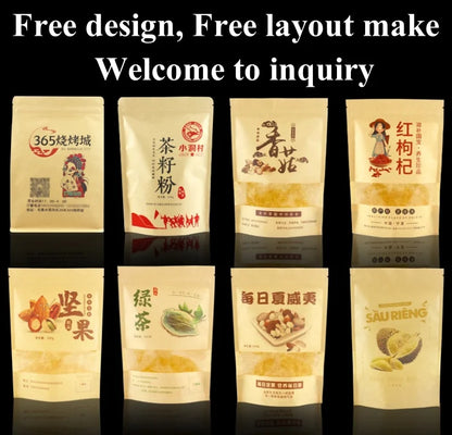 100PCS Stand-up Kraft Paper Foil Ziplock Storage Bag DIY Custom Logo Matcha Cocoa Powder Coffee Tea Spice Candy Beaf Pouches