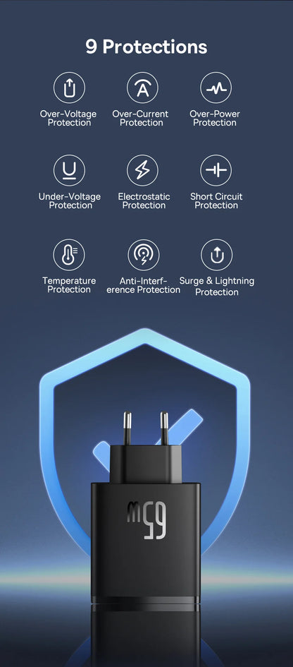 Baseus 65W USB C Charger GaN Charger Support QC PD Charge Portable Fast Charger For iPhone 17 16 15 Xiaomi Laptop Charger