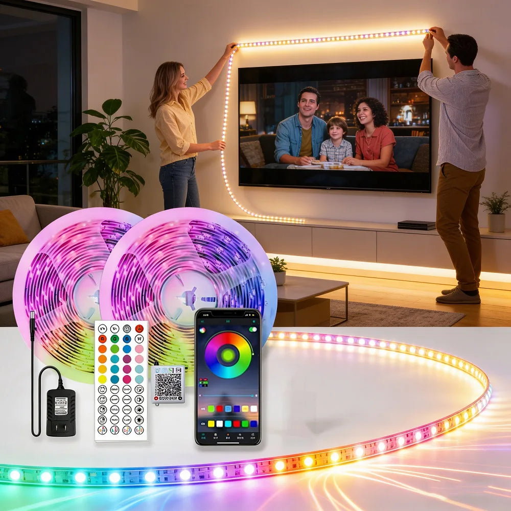 5-40M Smart RGB LED Strip Lights with Music Sync App & Remote Control - 16 Million Colors DC24V Durable LED Lights for Room Deco