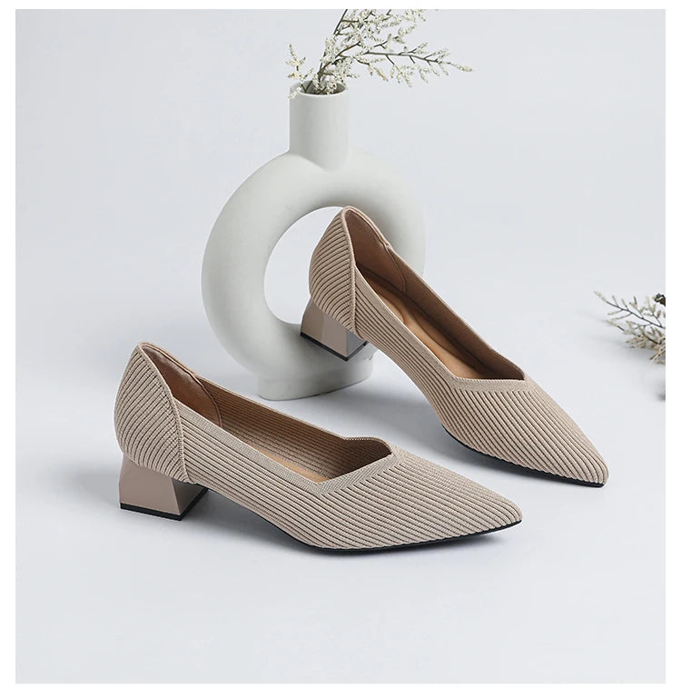 2025 New Women's High Heels Large 42/43 Fashion Pointed Anti slip Rubber Bottom Knitted Breathable Shoes