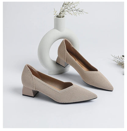 2025 New Women's High Heels Large 42/43 Fashion Pointed Anti slip Rubber Bottom Knitted Breathable Shoes