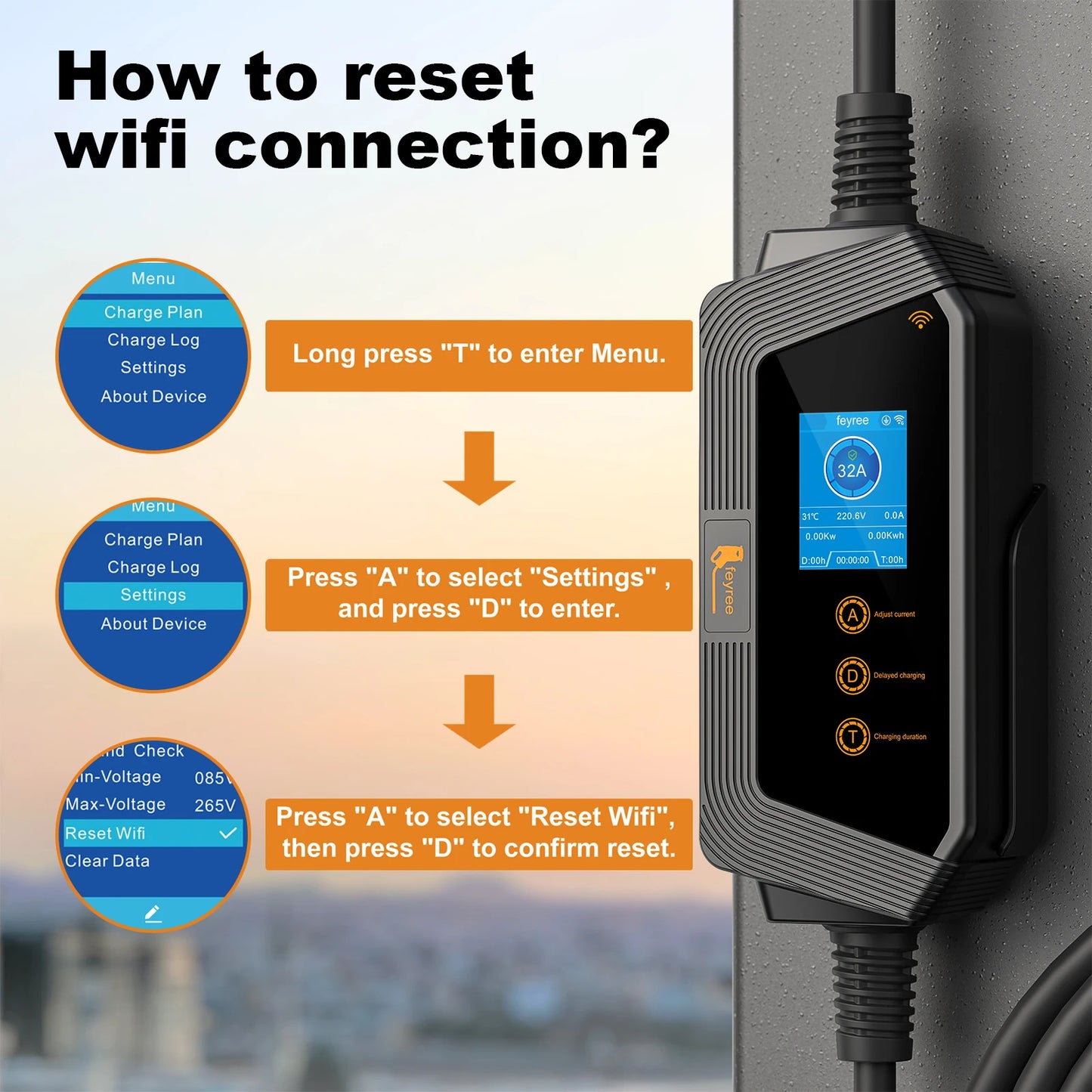 feyree Type1 Portable EV Charger 7KW 32A 1Phase J1772 Socket with 5m Cable Smart APP WIFI Control Version for Electric Vehicle