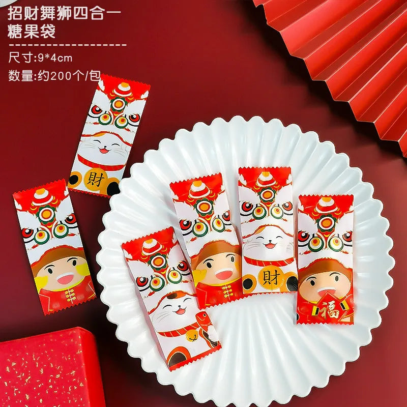 200Pcs 9x4cm Happy New Year Nougat Candy Sugar Bags Handmade DIY Gift Plastic Machine Sealed Packing