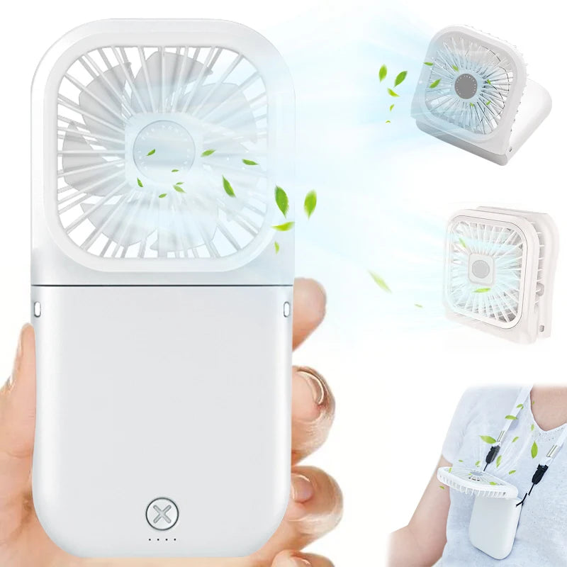 Handheld small fan, outdoor mini folding fan, USB charging portable neck hanging fan, desktop stand small fan