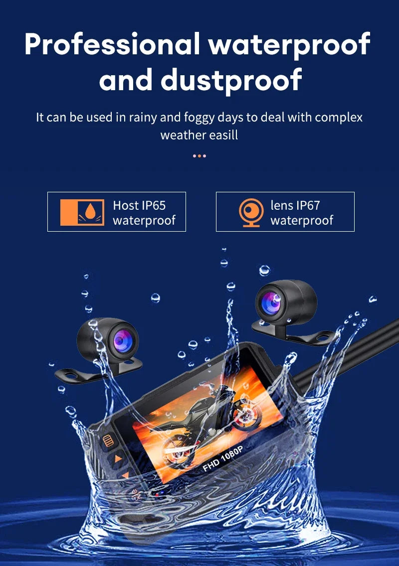 3 Inch Motorcycle Dashcam Waterproof Motorcycle Camera DVR Front 720P & Rear 480P Camera Video Loop Recorder Black Night Vision