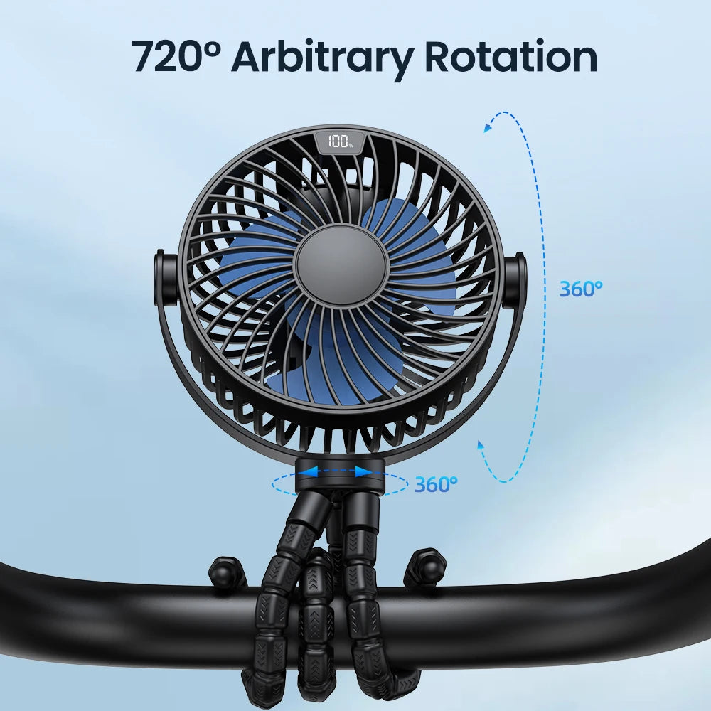 TOPK 5000mah Stroller Portable Mini Fan USB Rechargeable Outdoor Electric Fan 4 gear Speed 360°Degree Rotata & Digital Display