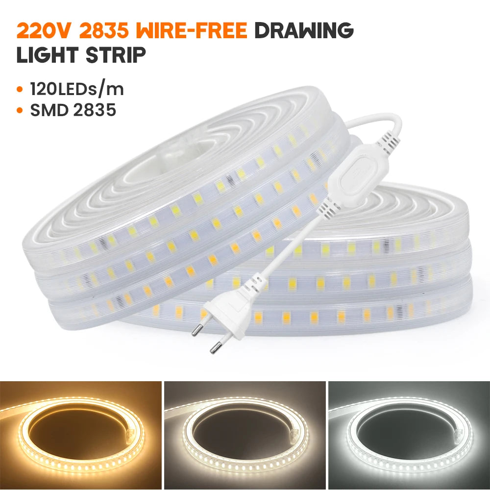 LED Strip Lights 220V 2835 Waterproof LED Tape Ribbon High Brightness 120LEDs/m Flexible Outdoor Lamp With EU Power Plug
