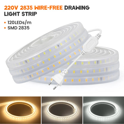 LED Strip Lights 220V 2835 Waterproof LED Tape Ribbon High Brightness 120LEDs/m Flexible Outdoor Lamp With EU Power Plug