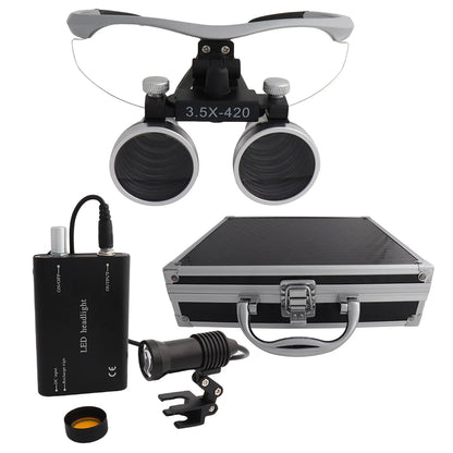 Dental Loupes Dental Magnifier Dental Lab Medical Loupes Magnification Binocular 2.5/3.5x420 Headlight Headlamp 5W Set Metal Box