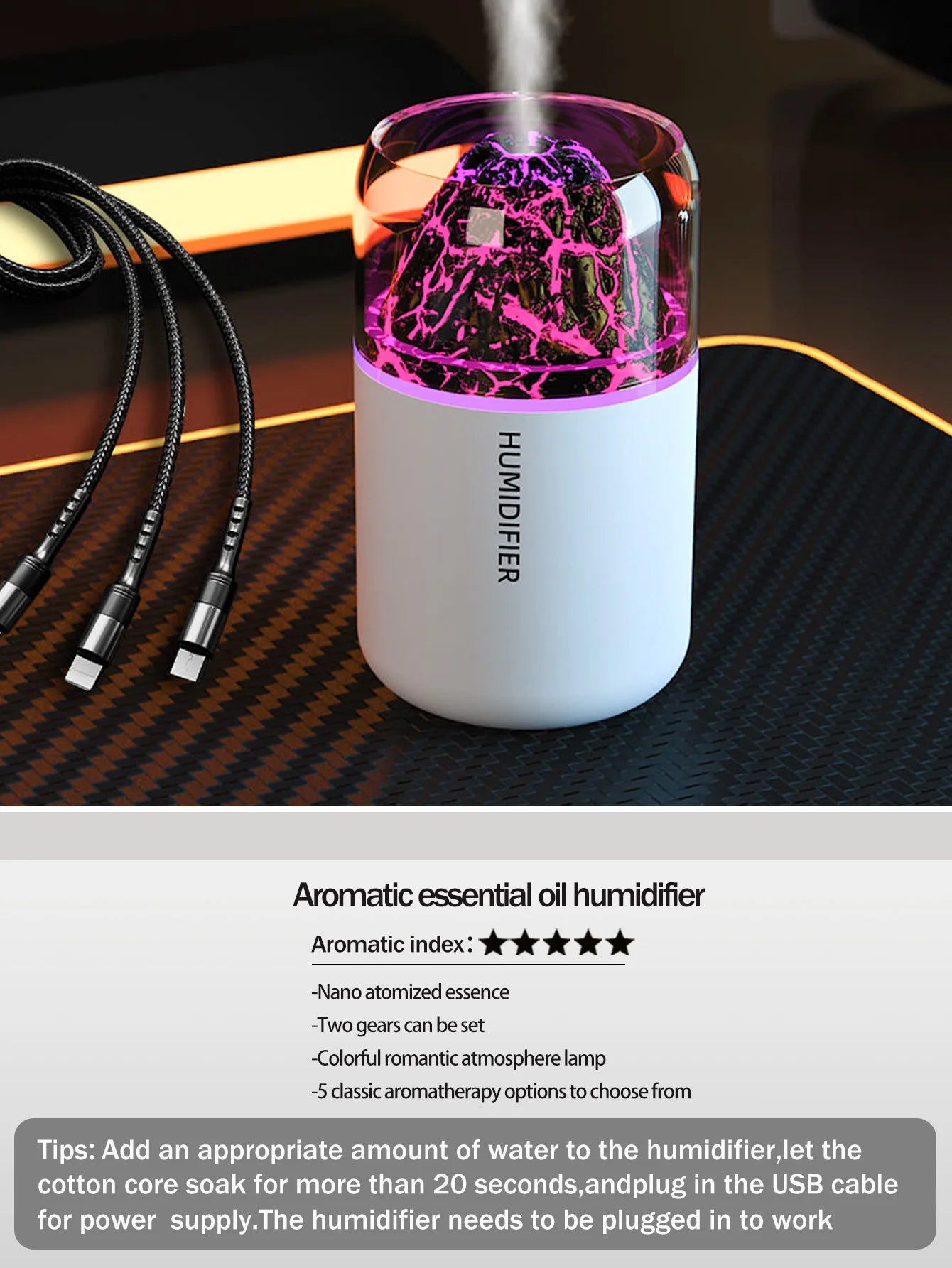 The simulated volcanic color lamp humidifier USB aromatherapy diffuser is suitable for use in cars, homes, bedrooms, as a gift,