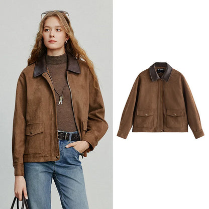 TOYOUTH Women Jacket coat 2025 Autumn New Vingtage Barn Style Suede Leather Patchwork Collar Jacket Brown