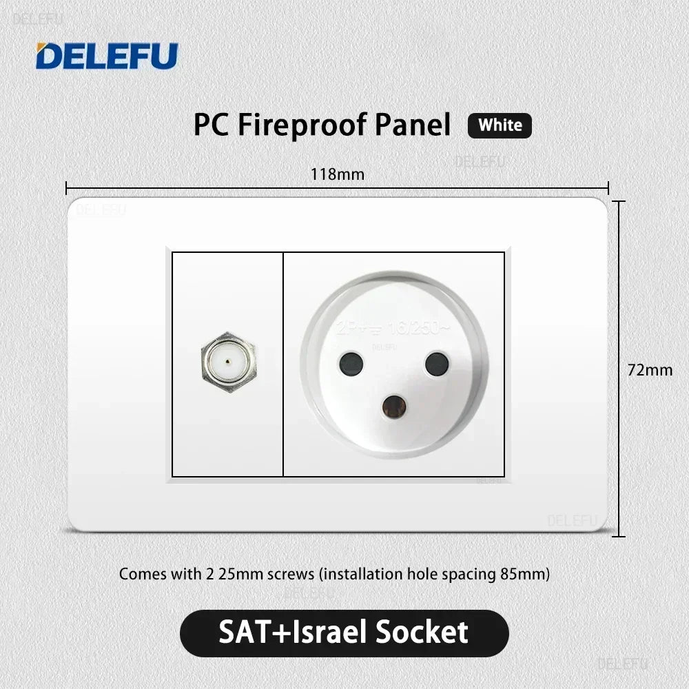 DELEFU White Retardant PC Israel USB Type C Fast Charging Wall Socket Light Tuya Wifi Smart Switch Sat TV Tel Doorbell Curtain