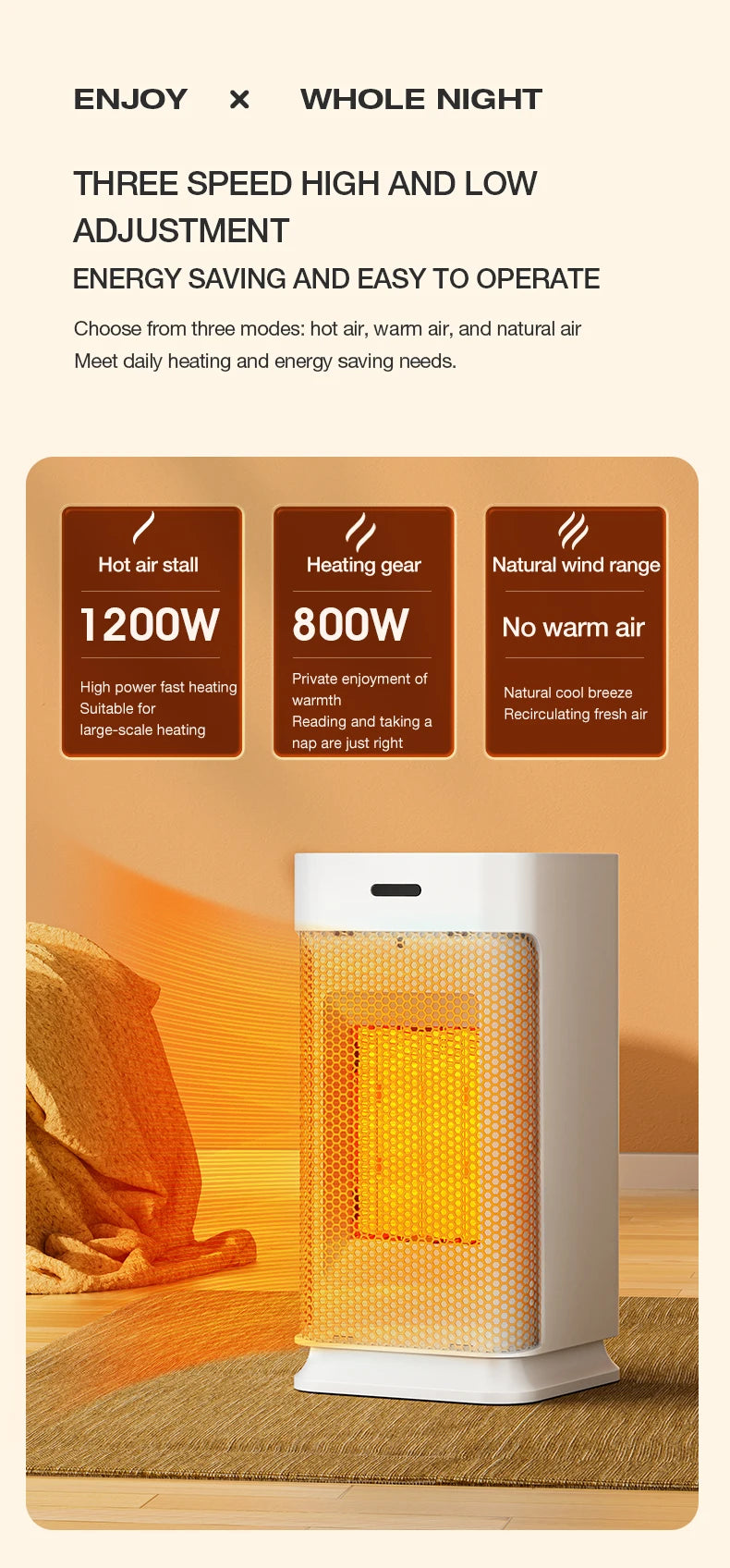 Portable PTC ceramic electric heater with multi-stage adjustment, silent, small household fan and night light heater.