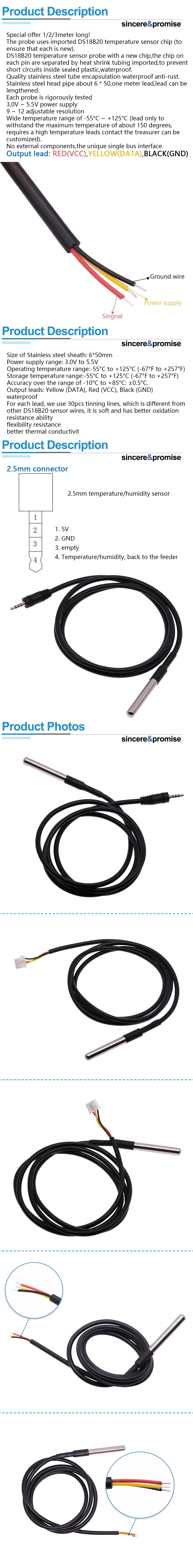 1M/2M/3M DS18B20 Stainless Steel Package Waterproof 1 Meter Temperature Probe Temperature Sensor 18b20 For Arduino Diy Kit