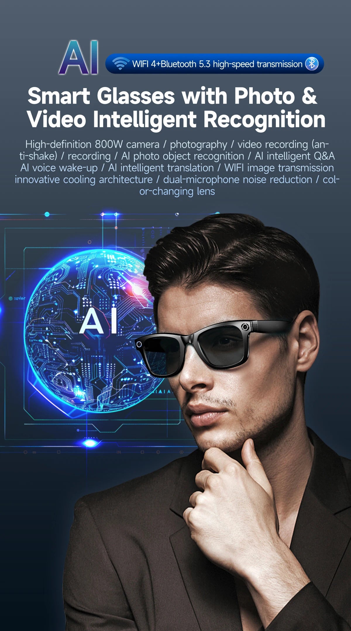 New Upgrade Smart glasses With Camera Video Recording AI Photo Recognition Bluetooth Call Translation Voice Sunglasses Men Women