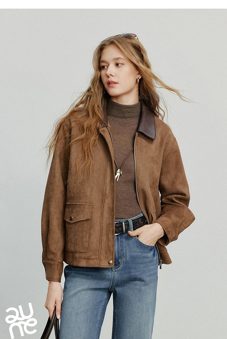 TOYOUTH Women Jacket coat 2025 Autumn New Vingtage Barn Style Suede Leather Patchwork Collar Jacket Brown